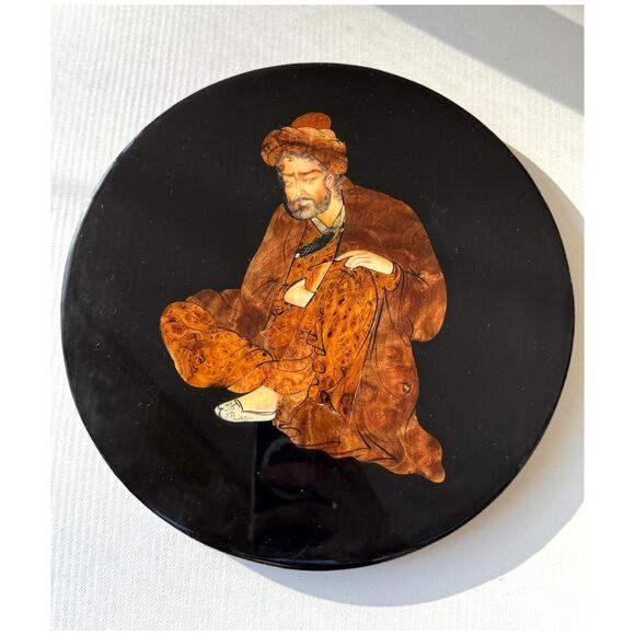 Vintage Asian Burl Wood Marquetry Scholar Plaque 10 Inch